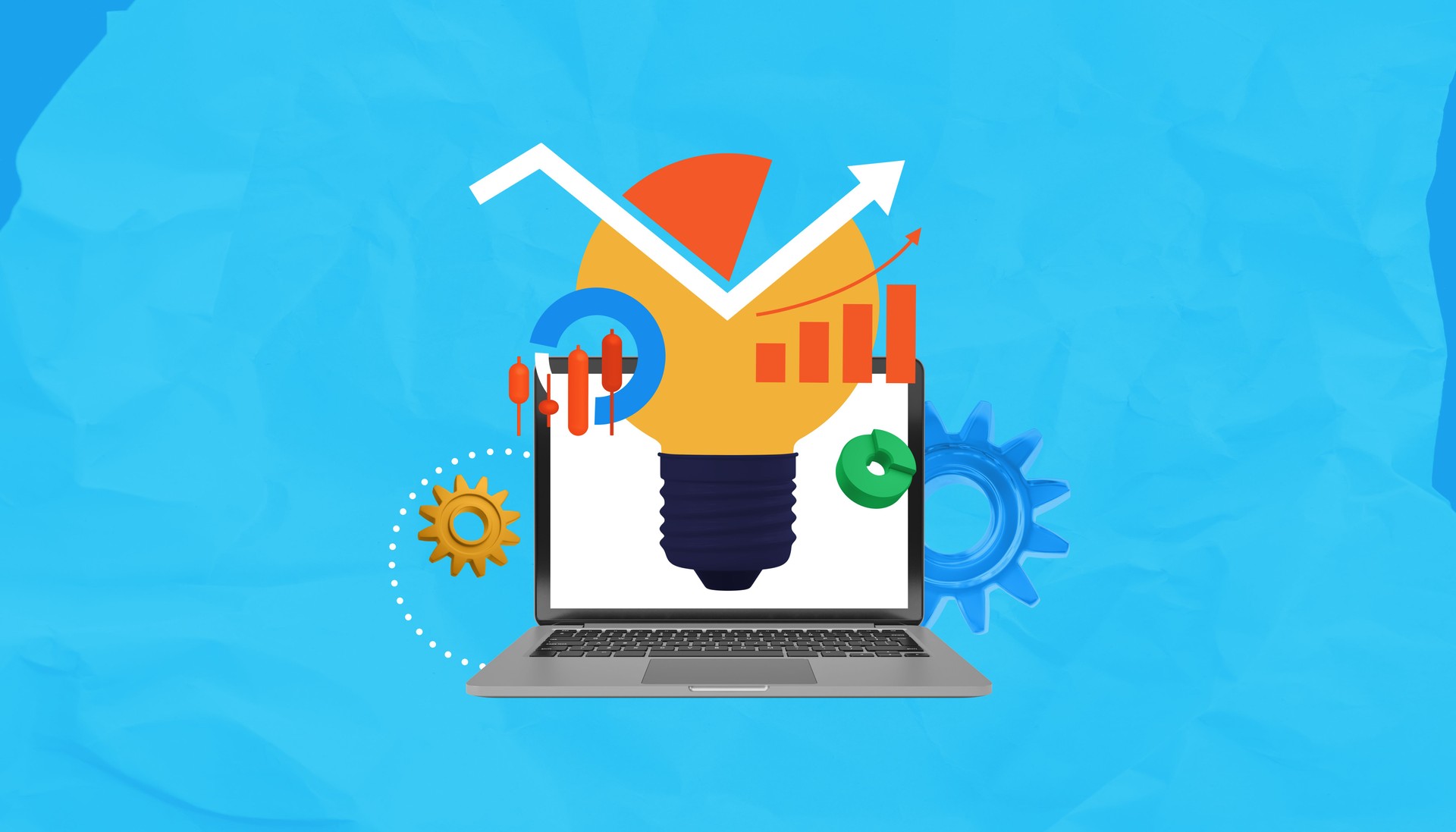 Laptop displaying lightbulb with graphs, gears, and charts symbolizing innovation, growth and analytics on crumpled blue background. 3D Rendering