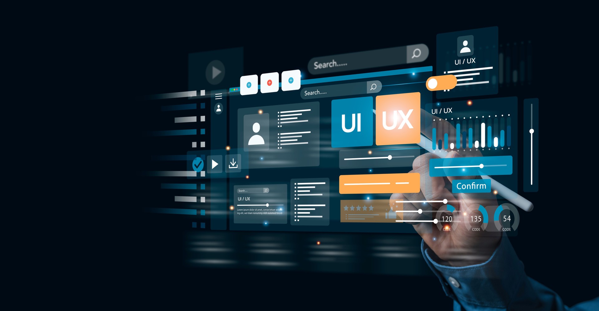 UX-UI development along with web design to develop mobile and laptop app interface layout design. User experience concept, UX-UI designer, creative planning, data visualization, application design